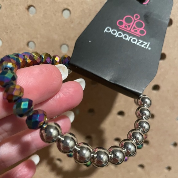 Set of TWO stretchy bracelets with silver ball and oil spill beads. - Picture 4 of 6